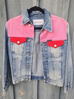 Calvin Klein Denim Jacket with Pink and Red Accents